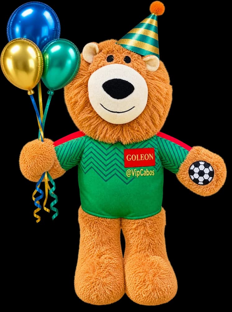 Goleón, the plush lion host, in a party hat with balloons