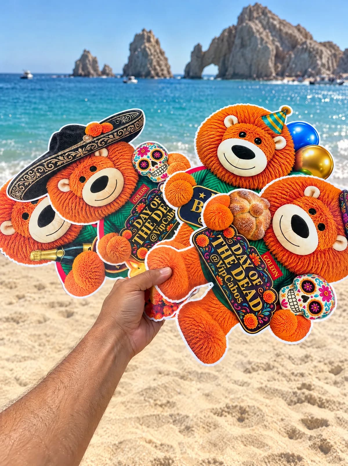 Day of the Dead Goleón cutouts held up on a Los Cabos beach